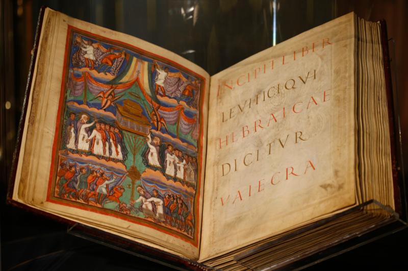 The Bible of St. Paul Outside the Walls, dating from the 9th century, is included in a two-part exhibition on the menorah at the Vatican May 15. The second part of the exhibition, which runs through July 23, is at the Jewish Museum in Rome. (Credit: Paul Haring/CNS.)