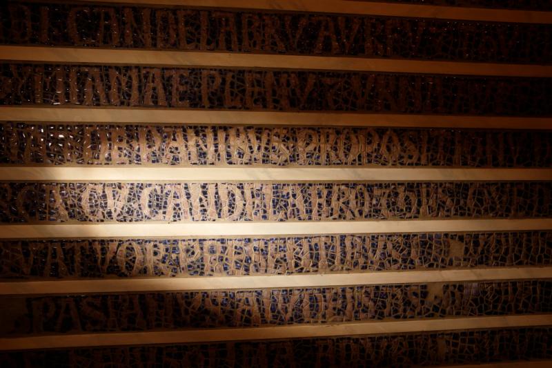 The Latin word, "candelabro," believed to refer to the menorah taken by the Romans from Jerusalem in the 1st century, is seen on a 37-line mosaic inscription from the 13th century at the Jewish Museum in Rome May 15. The inscription describes treasures supposedly buried under the Basilica of St. John Lateran in Rome. The inscription is part of a two-part exhibition on the menorah at the Vatican and at the Jewish Museum. (Credit: Paul Haring/CNS.) 