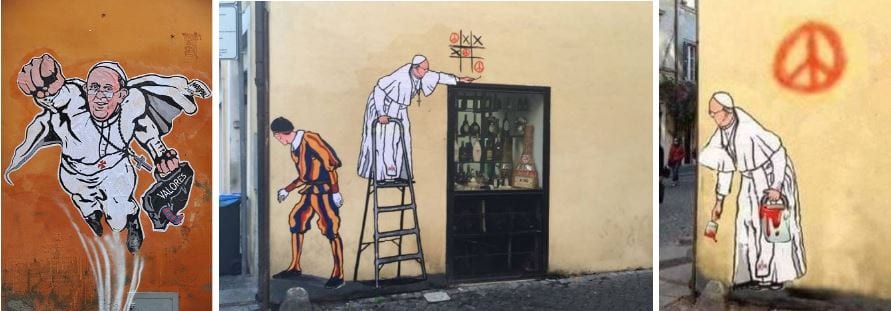 Three murals depicting Pope Francis by street artist Maupal which have appeared over the years in Rome’s Borgo neighborhood. (Credit: Maupal/Facebook.)