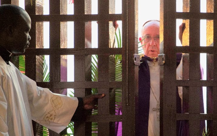 Pope Francis opened the holy door of the Bangui cathedral in Central African Republic Sunday, Nov. 29, 2015 to mark that country's start of the Holy Year of Mercy. (Credit: L'Osservatore Romano via AP.)