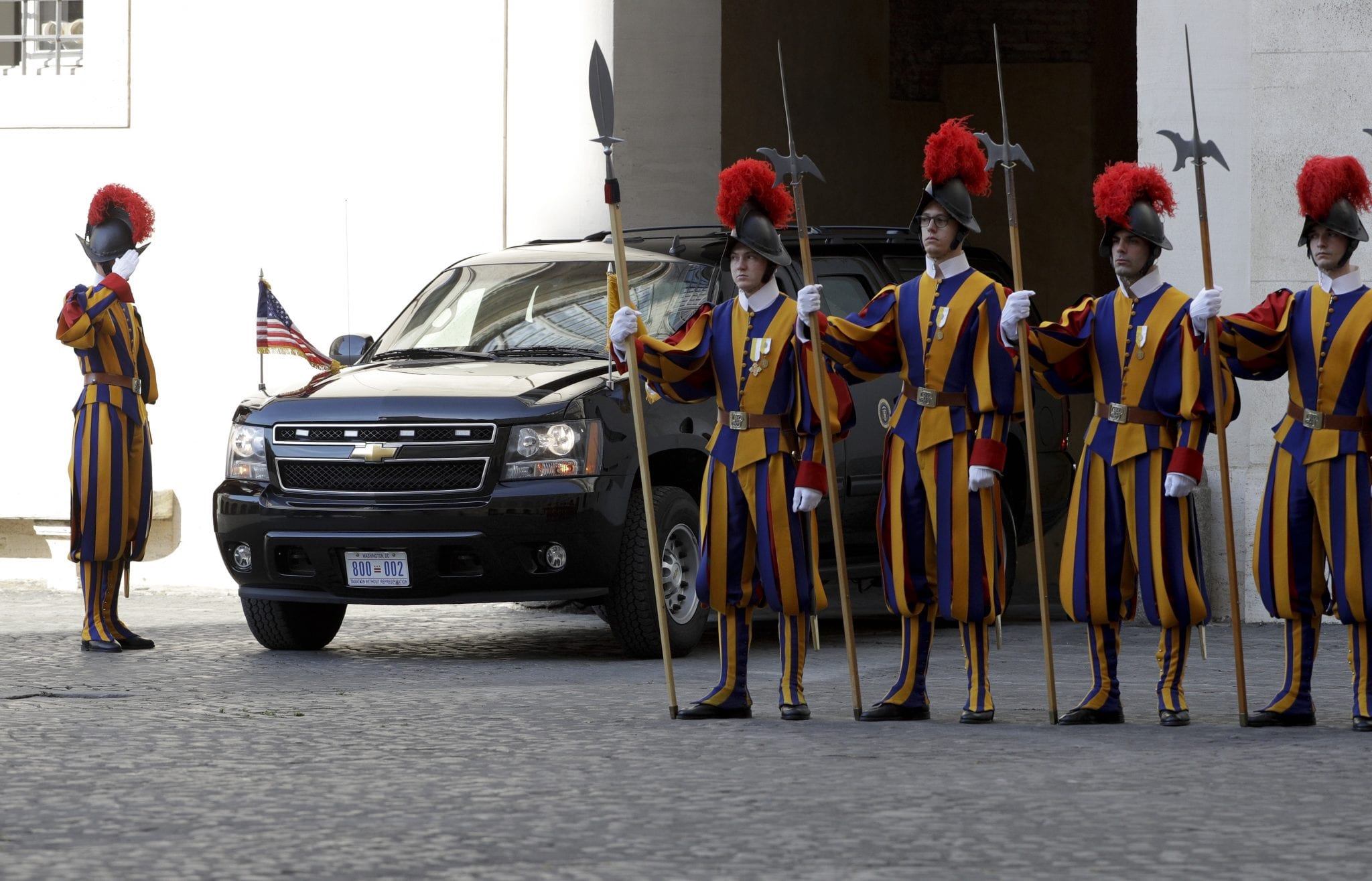 President Donald Trump's car arrives at the San Damaso courtyard for his private audience with Pope Francis, at the Vatican, Wednesday, May 24, 2017. (Credit: Gregorio Borgia/AP Pool.)