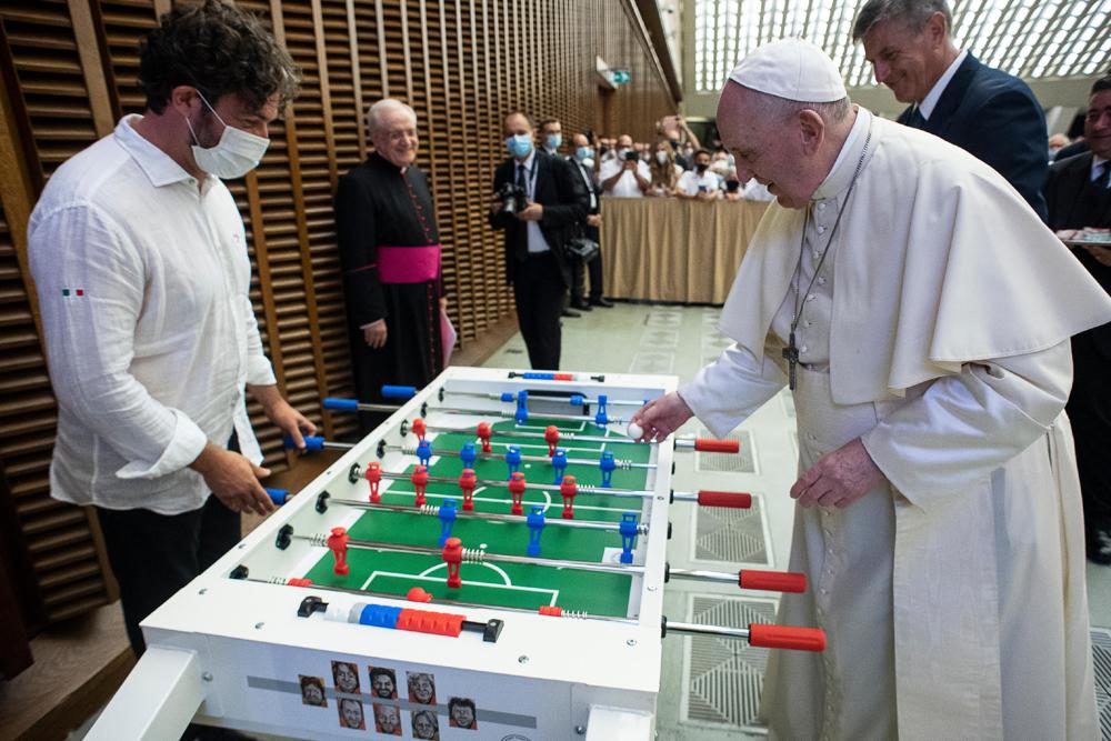 Soccer-loving Pope Francis gets a new toy: A foosball table