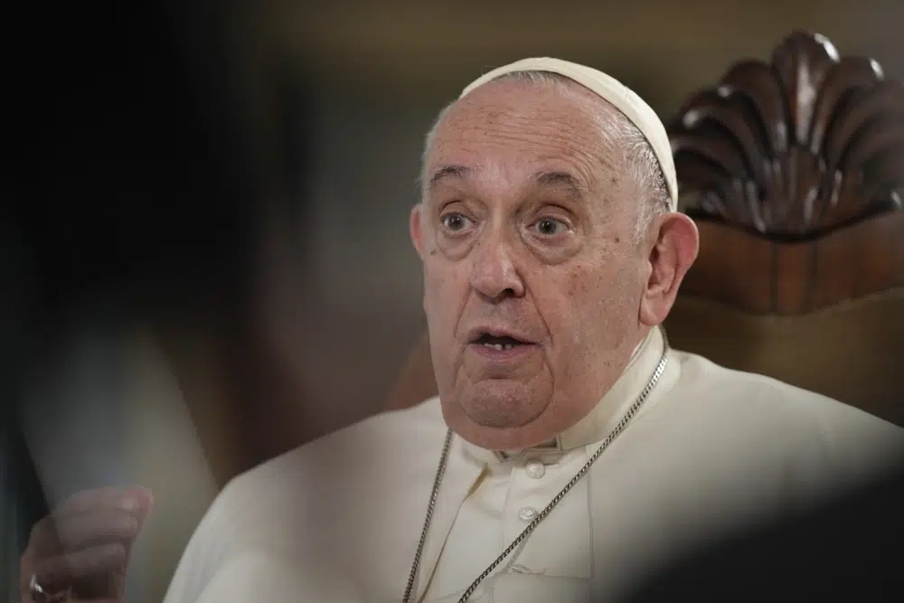 In a file photo, Pope Francis speaks during an interview with The Associated Press at The Vatican, Tuesday, Jan. 24, 2023. (Credit: Andrew Medichini/AP.)