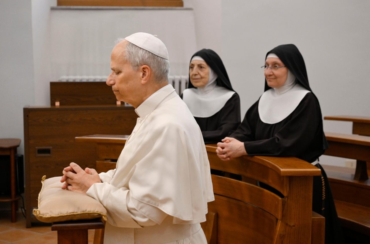 Pope Leo XIV prays with the Poor Clares in their convent chapel in Albano, Italy. (Credit: Vatican Media.)
