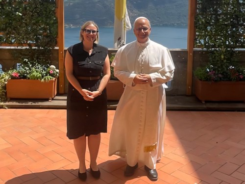 Crux's Elise Ann Allen and Pope Leo XIV at the Villa Borghese, the papal summer residence in Castel Gandolfo, on July 10, 2025. (Credit: Cruxnow.com.)
