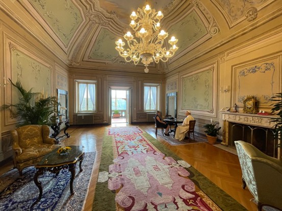 Pope Leo speaks with Elise Ann Allen in the Villa Barberini located in Castel Gandolfo on July 10, 2025. (Credit: CruxNow.Com)