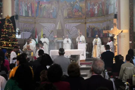 Cardinal Pierbattista Pizzaballa, the Latin Patriarch of Jerusalem, leads a Christmas Eve Mass at the Holy Family Catholic Church in Gaza City, Sunday, Dec. 21, 2025. (Credit: Jehad Alshrafi/AP.)