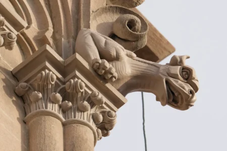 A view of the gargoyles on the Cathedral Basilica of the Assumption in Covington, Kentucky, on Jan. 8, 2026. (Credit: Jeff Dean/AP.)
