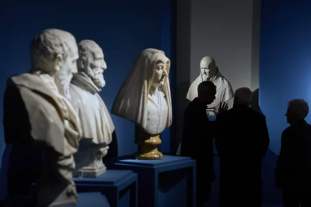 Journalists attend the press preview of the exhibition "Bernini and the Barberini" at Palazzo Barberini in Rome on Feb. 11, 2026. (Credit: Domenico Stinellis/AP.)