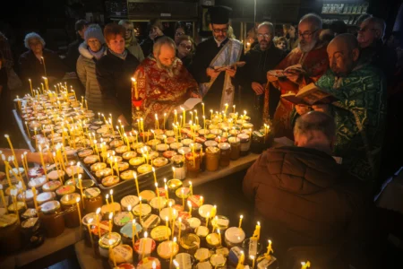 Believers attend an Orthodox service for the “sanctification of honey” at the Presentation of the Blessed Virgin Church in the town of Blagoevgrad, Bulgaria, on Feb. 10, 2026. (Credit: Valentina Petrova/AP.)