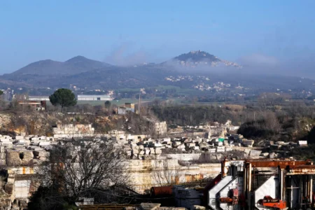 A general view of the Degemar Quarry near Tivoli, Italy, 35 kilometers east of Rome, on Friday, Feb. 13, 2026, where 17th-century Baroque architect Gian Lorenzo Bernini selected travertine for the colonnade of St. Peter's Square. (Credit: Gregorio Borgia/AP.)