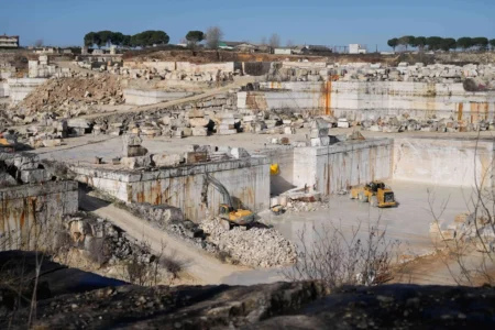 A general view of the Degemar Quarry near Tivoli, Italy, 35 kilometers east of Rome, on Friday, Feb. 13, 2026, where 17th-century Baroque architect Gian Lorenzo Bernini selected travertine for the colonnade of St. Peter's Square. (Credit: Gregorio Borgia/AP.)