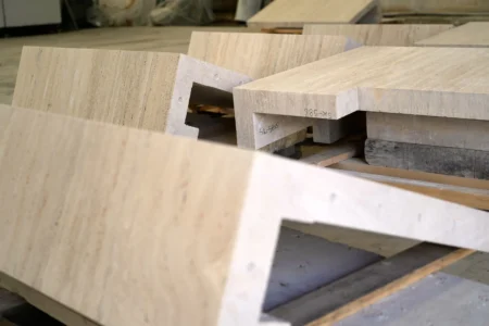 Sections of travertine that will be used to adorn the tower of the new Manhattan Mormon temple in New York City are seen inside the Mariotti Carlo SpA stonecutting firm near Tivoli, Italy, 35 kilometers east of Rome, on Friday, Feb. 13, 2026. (Credit: Gregorio Borgia/AP.)