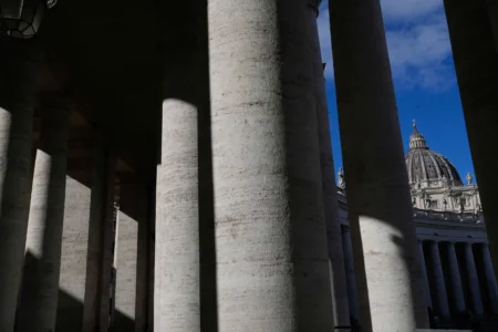 A view of Gian Lorenzo Bernini's 17th-century colonnade in St. Peter's Square in Vatican City, on Sunday, Feb. 15, 2026, which was built with travertine from Tivoli, Italy, 35 kilometers east of Rome. (Credit: Gregorio Borgia/AP.)