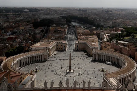 A view of Gian Lorenzo Bernini's 17th-century colonnade in St. Peter's Square in Vatican City, on Sunday, Feb. 15, 2026, which was built with travertine from Tivoli, Italy, 35 kilometers east of Rome. (Credit: Gregorio Borgia/AP.)