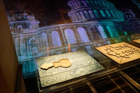 A rendering of St. Peter's Basilica is displayed during an exhibition titled "Ultra Visibilia" on the occasion of the 400th anniversary of the basilica's dedication at the Vatican, Monday, Feb. 16, 2026. (Credit: Gregorio Borgia/AP.)