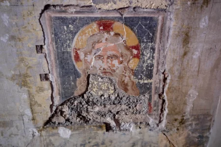 A fresco depicting Jesus Christ is visible inside the Basilica of San Pietro in Vincoli in Rome, Monday, March 9, 2026. (Credit: Domenico Stinellis/AP.)