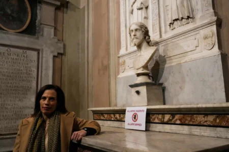 The sculpted bust inside the Basilica of Saint Agnes Outside the Walls in Rome, Italy, which, in light of the new studies by Italian researcher Valentina Salerno, may be reattributed to Michelangelo Buonarroti, on March 4, 2026. (Credit: Gregorio Borgia/AP.)