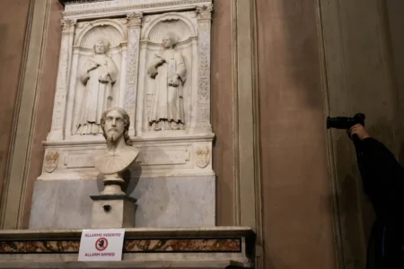 The sculpted bust inside the Basilica of Saint Agnes Outside the Walls in Rome, Italy, which, in light of the new studies by Italian researcher Valentina Salerno, may be reattributed to Michelangelo Buonarroti, on March 4, 2026. (Credit: Gregorio Borgia/AP.)