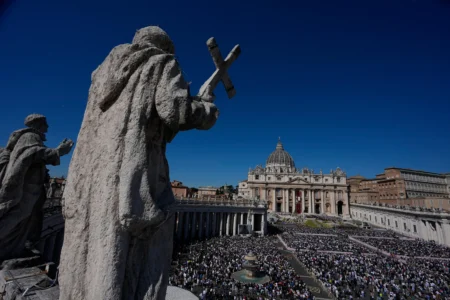 Pope Leo XIV presides over Easter Mass in St. Peter’s Square at the Vatican, Sunday, April 5, 2026. (Credit: Alessandra Tarantino/AP.)