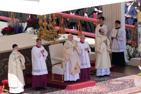 Pope Leo XIV presides over Easter Mass in St. Peter’s Square at the Vatican, Sunday, April 5, 2026. (Credit: Alessandra Tarantino/AP.)
