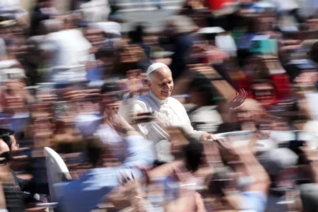 Pope Leo XIV greets the faithful at the end of Easter Mass he presided over in St. Peter’s Square at the Vatican, Sunday, April 5, 2026. (Credit: Andrew Medichini/AP.)