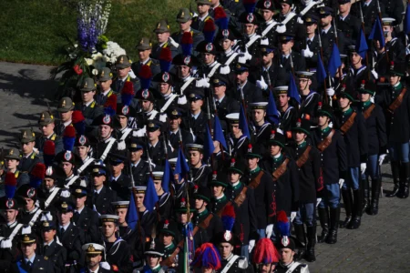 Italian military personnel in historical uniforms stand in St. Peter’s Square at the Vatican prior to Easter Mass presided over by Pope Leo XIV, Sunday, April 5, 2026. (Credit: Alessandra Tarantino/AP.)