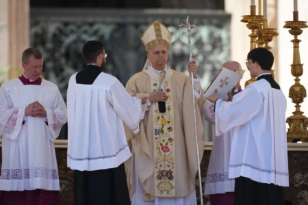 Pope Leo XIV presides over Easter Mass in St. Peter’s Square at the Vatican, Sunday, April 5, 2026 (Credit: Andrew Medichini/AP.)