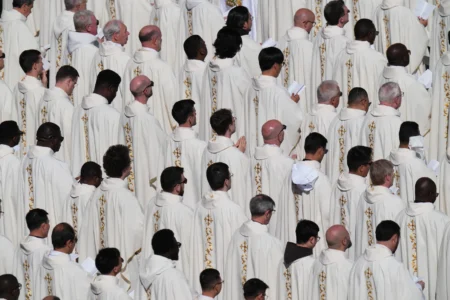 Clergy follow Pope Leo XIV as he presides over Easter Mass in St. Peter’s Square at the Vatican, Sunday, April 5, 2026. (Credit: Alessandra Tarantino/AP.)