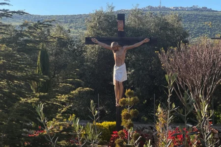 A new crucifix that was sent by Italy to replace the one that was defaced last week by an Israeli soldier stands in the Christian village of Debel, south Lebanon, Wednesday, April 22, 2026. (Credit: Houssam Naddaf via AP.)