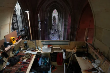A makeshift work room is seen during the installation of a new organ at Prague’s St. Vitus Cathedral that is coming to its final stages in Prague, Czech Republic, Tuesday, July 22, 2025. (Credit: Petr David Josek/AP.)