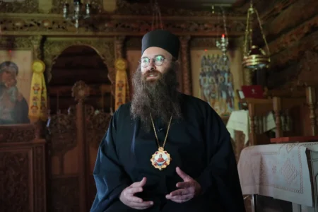 Estonia Monastery Bishop Damaskinos speaks during an interview with the Associated Press in the chapel of the newly founded Kirikla Orthodox Monastery in Pihali village, Estonia, on July 4, 2026. (Credit: Sergei Grits/AP.)