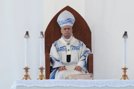 Pope Leo XIV celebrates Mass in Lampedusa, Sicily, southern Italy, Saturday, July 4, 2026, during a one-day pastoral visit to the Sicilian island that has come to symbolize the dramatic odyssey of migrants trying to reach Europe by sea. (Credit: Alessandra Tarantino/AP.)