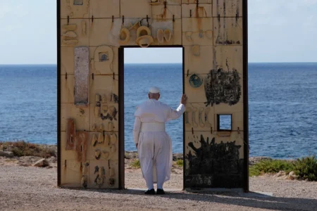 Pope Leo XIV visits the Gateway of Europe monument in Lampedusa, Sicily, southern Italy, Saturday, July 4, 2026, during a one-day pastoral visit to the island long associated with the plight of migrants crossing the Mediterranean. (Credit: Alessandra Tarantino/AP.)