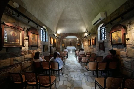 Visitors pray inside the Ephesus House, a replica of the House of the Virgin Mary in Ephesus, Turkey, at Alfonso town, Cavite province, Philippines on July 16, 2026. (Credit: Aaron Favila/AP.)