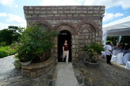 A Catholic walks outside the Ephesus House, a replica of the House of the Virgin Mary in Ephesus, Turkey, at Alfonso town, Cavite province, Philippines on July 16, 2026. (Credit: Aaron Favila/AP.)