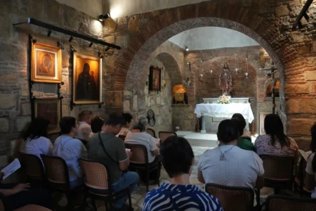 Visitors pray inside the Ephesus House, a replica of the House of the Virgin Mary in Ephesus, Turkey, at Alfonso town, Cavite province, Philippines on July 16, 2026. (Credit: Aaron Favila/AP.)