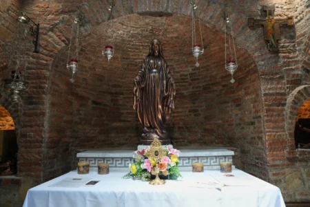 A statue of Mary modeled after the one in Turkey, alongside a relic said to be from her veil inside the Ephesus House, a replica of the House of the Virgin Mary in Ephesus, Turkey, at Alfonso town, Cavite province, Philippines on July 16, 2026. (Credit: Aaron Favila/AP.)