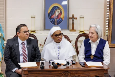 Sister Leticia “Letty” Ugboaja speaks during a news conference at Our Lady of Sorrows Catholic Church on Thursday, July 23, 2026, in McAllen, Texas. (Credit: Michael Gonzalez/AP.)