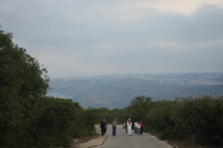 Father Fadi Shallufi leads Catholic pilgrims on a Eucharistic procession climbing to the Basilica of the Transfiguration on Mount Tabor, northern Israel, on Aug. 6, 2026. (Credit: Ariel Schalit/AP.)