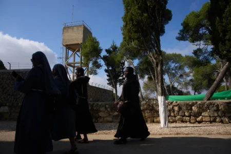 Priests and nuns make their way to the Basilica of the Transfiguration on Mount Tabor, northern Israel, on Aug. 6, 2026. (Credit: Ariel Schalit/AP.)