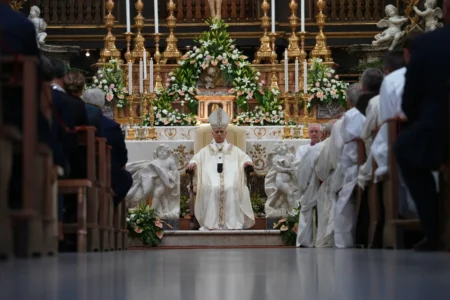 Pope Leo XIV celebrates a mass at the Basilica Sanctuary of the Mother of Good Counsel in Genazzano, central Italy, Monday, Sept. 7, 2026. (Credit: Andrew Medichini/AP.)