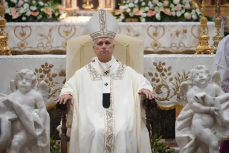 Pope Leo XIV celebrates a mass at the Basilica Sanctuary of the Mother of Good Counsel in Genazzano, central Italy, Monday, Sept. 7, 2026. (Credit: Andrew Medichini/AP.)