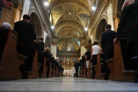 Pope Leo XIV celebrates a mass at the Basilica Sanctuary of the Mother of Good Counsel in Genazzano, central Italy, Monday, Sept. 7, 2026. (Credit: Andrew Medichini/AP.)
