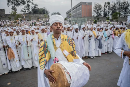 Members of an Orthodox choir perform during celebrations for the Orthodox holiday of Meskel, an annual holiday celebrating the discovery of the True Cross in the fourth century by the Roman Empress Helena, in Addis Ababa, Ethiopia, Saturday, Sept. 26, 2026. (Credit: Amanuel Sileshi/AP.)