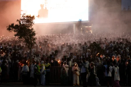 People chant during celebrations for the Orthodox holiday of Meskel, an annual holiday celebrating the discovery of the True Cross in the fourth century by the Roman Empress Helena, in Addis Ababa, Ethiopia, Saturday, Sept. 26, 2026. (Credit: Amanuel Sileshi/AP.)