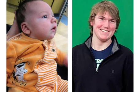 This combination of photos provided by Bonnie L. Engstrom shows her son, James Fulton Engstrom, in the NICU at OSF St. Francis Hospital in Peoria, Ill., in October 2010, left, and in January 2026. (Credit: Bonnie L. Engstrom via AP.)