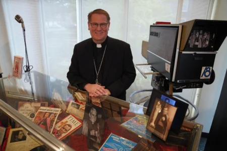 Bishop Louis Tylka of the Diocese of Peoria stands for a portrait at the Sheen museum in Peoria, Ill., on July 16, 2026. (Credit: Jessie Wardarski/AP.)