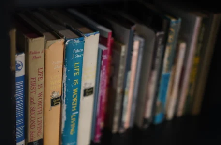 Books written by the late Archbishop Fulton Sheen at the Sheen Museum in Peoria, Ill., on July 15, 2026. (Credit: Jessie Wardarski/AP.)